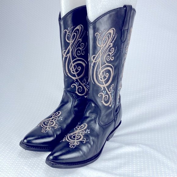 Black Leather Music Note Cowgirl Boots - Picture 2 of 11